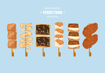 The illustration set of street food Yakitori is served with various skewers. Asian fast food and takeaway restaurants Isolated on a white background cute cartoon for design elements Easy to edit.