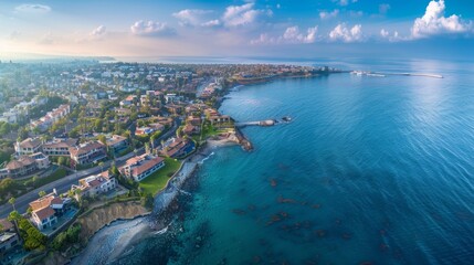 Coastal cityscape merging urban structures with ocean, residential, commercial areas, vibrant harbor