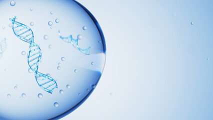 A couple of DNA double helix strand in a cell on blue background. science and biotechnology concept. 3d render illustration