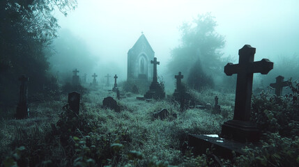 A foggy morning in an old, overgrown cemetery with numerous tombstones and crosses scattered throughout the landscape. The atmosphere is eerie and mysterious, with dense fog obscuring the background, 