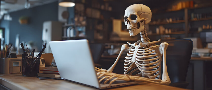 a skeleton using his laptop in the office - halloween work concept