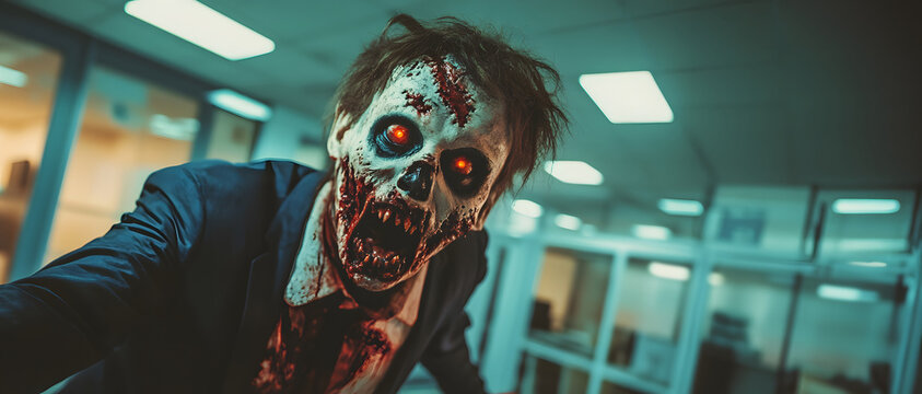 a creepy zombie in an office - halloween work concept