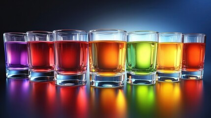 Realistic Colorful array of shot glasses with liqueurs,