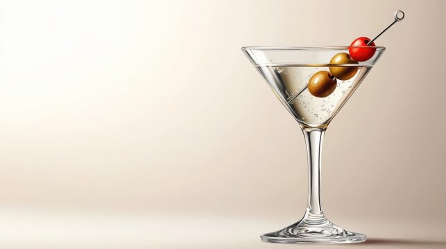 Realistic Classic martini with olive garnish, shaken not stirred,