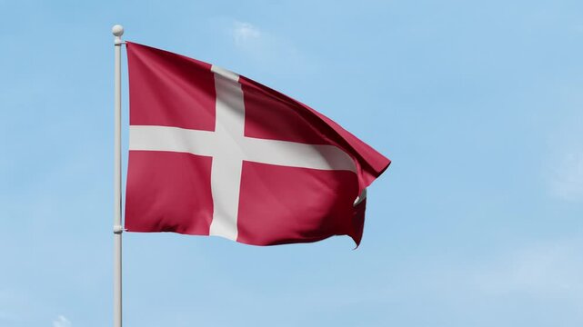 Denmark flag waving in the wind against clean blue sky. Bright and colorful concept for travel and tourism. 3D render