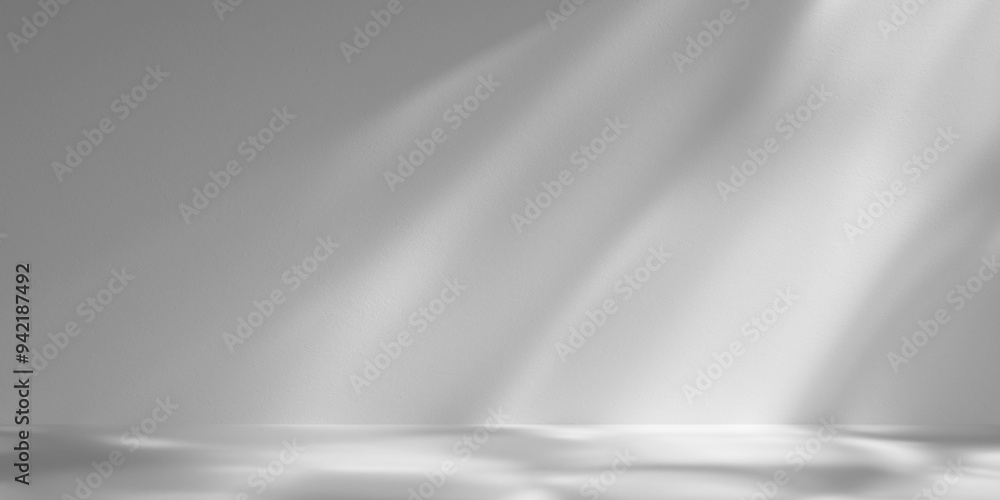 Poster white minimalist studio for product presentation. empty room with shadows of tree leaves. 3d room ba