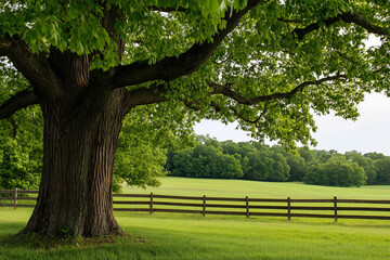Obraz premium A large oak tree with green leaves stands next to an old wooden fence in the background, with grass and fields beyond, nature summer concept, calm and adorable background