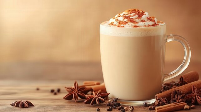 Realistic Freshly brewed chai tea latte with spices,