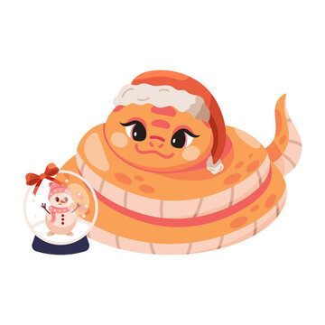 Cute CNY snake lying and looking at Christmas glass ball. New Year snake isolated on white background. Chinese 2025 New Year symbol, snake in Santa hat. Asian lunar animal.  Friendly characters 