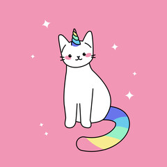 Vector illustration of cute unicorn cat with a rainbow tail and lovely colourful horn. Magical creature in cartoon style for nursery decorations. Positive character design for children.