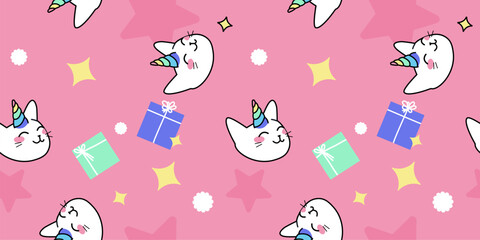 Unicorn cats seamless vector pattern. Cute animal heads with rainbow horns, stars and presents. Magic kitty characters in cartoon style.
