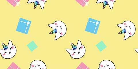 Unicorn cats seamless vector pattern. Cute animal heads with rainbow horns, stars and presents. Magic kitty characters in cartoon style.