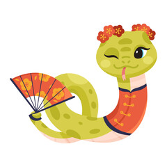 Csrtoon snake smiling and winking with a fan in tail. New Year snake isolated on white background. Chinese 2025 New Year symbol, Asian kawaii animal character, lunar animal.  Friendly characters 