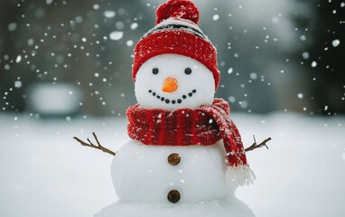  A cheerful Christmas snowman, perfect for holiday decorations, greeting cards, and festive winter scenes. Adorned with a hat, scarf, and traditional winter elements.