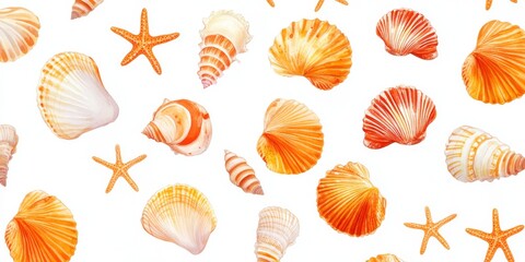 Obraz premium This vibrant watercolor pattern features intricate seashells and whimsical starfish, ideal for beachthemed designs that evoke summer vibes and a relaxing atmosphere for the sunny season