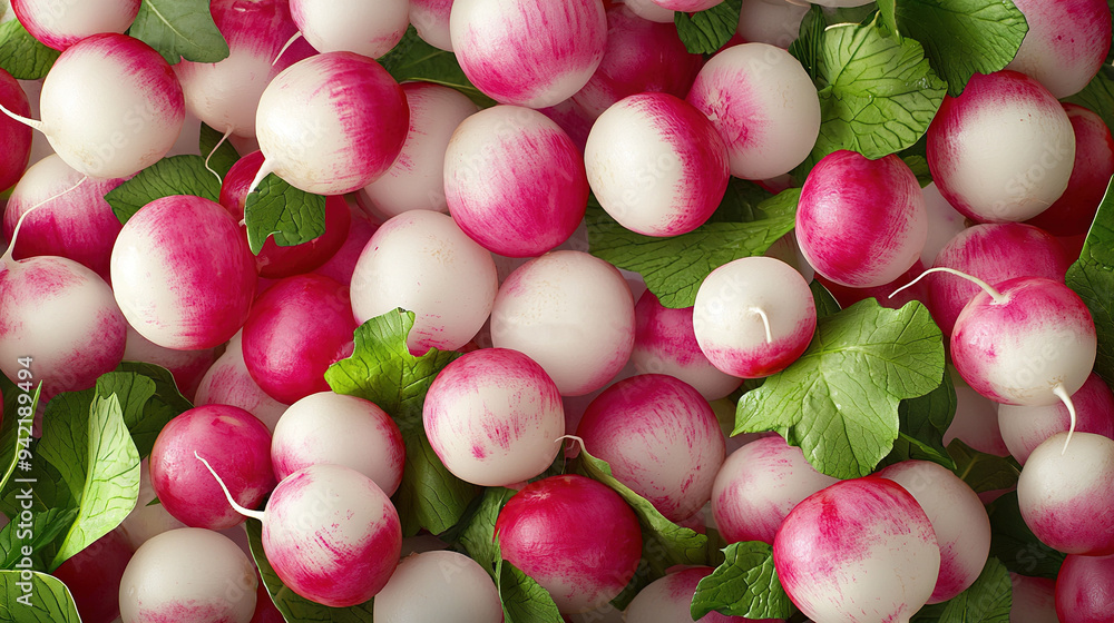 Sticker a pile of red and white radishes with green leaves on top of each radish