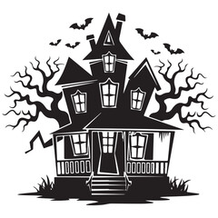 Halloween haunted house castle vector illustration, Halloween background with scary pumpkins candles in the graveyard at night