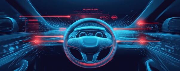 Futuristic art depicting a high-tech autonomous car dashboard with advanced technology and abstract digital elements conveying innovation and modernity