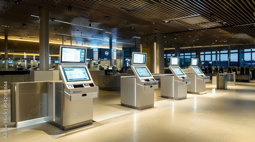 Poster an airport check-in counter, with multiple kiosks and a clean, modern design. the area is depicted w