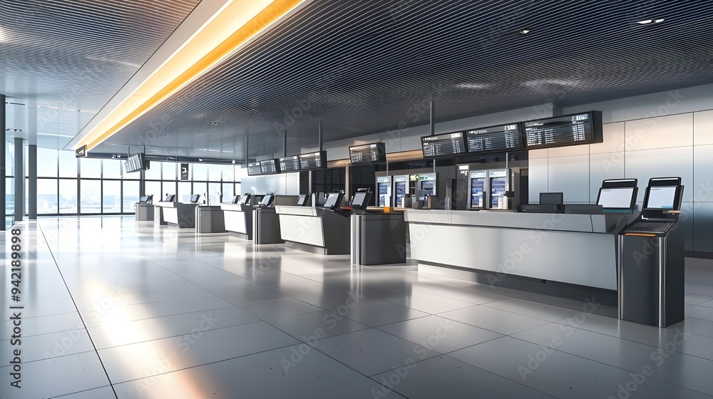 Poster an airport check-in counter, with multiple kiosks and a clean, modern design. the area is depicted w