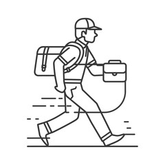 Line art illustration of a man in a cap carrying a briefcase and backpack
