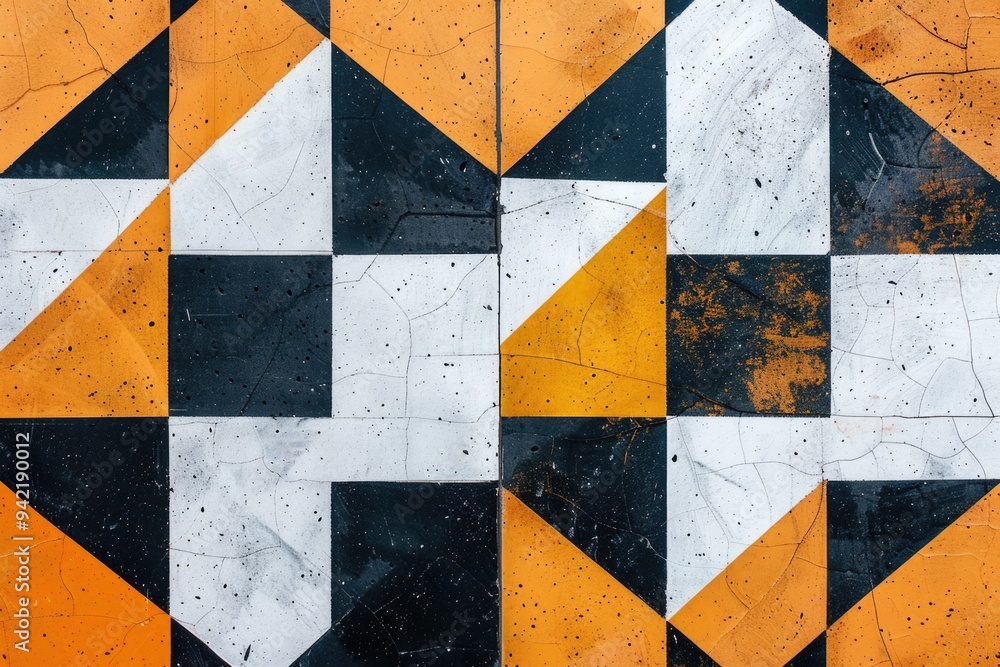 Poster a close-up shot of a black and white and orange tiled floor, suitable for use in interior design or 