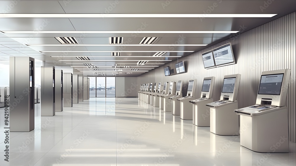 Poster an airport check-in counter, with multiple kiosks and a clean, modern design. the area is depicted w