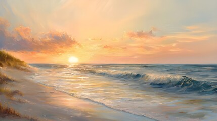 A tranquil painting of a coastal sunset, where warm hues of orange, pink, and gold blend seamlessly across the sky and reflect off the gentle waves of the sea.