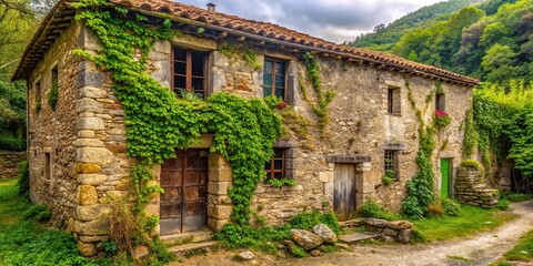 Obraz premium Weathered exterior of a rustic stone house with a worn, irregularly-shaped wall, overgrown with vines and moss, set against a soft, blurred background.