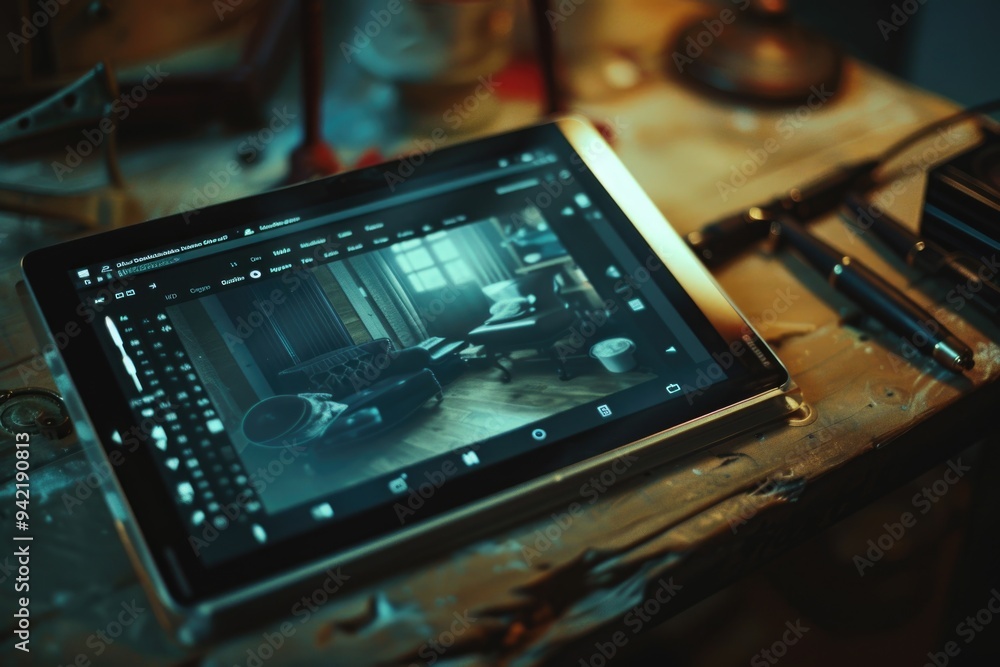 Poster A person working with a tablet computer on a wooden desk