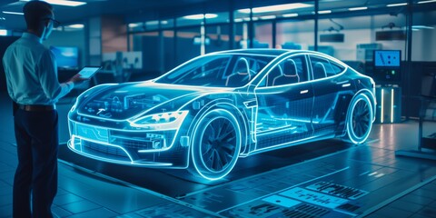 The holographic car design represents a forwardthinking vision born in an advanced engineering lab, highlighting stateoftheart technology and innovation in current automotive manufacturing