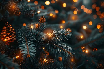 Fototapeta premium Festive Christmas Tree with Glowing Lights, Sparkling Bokeh, and Pine Cones for Seasonal Holiday Decor