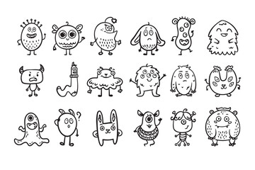 Monster alien doodle set, funny and cutes monster, hand drawn cartoon line monsters.