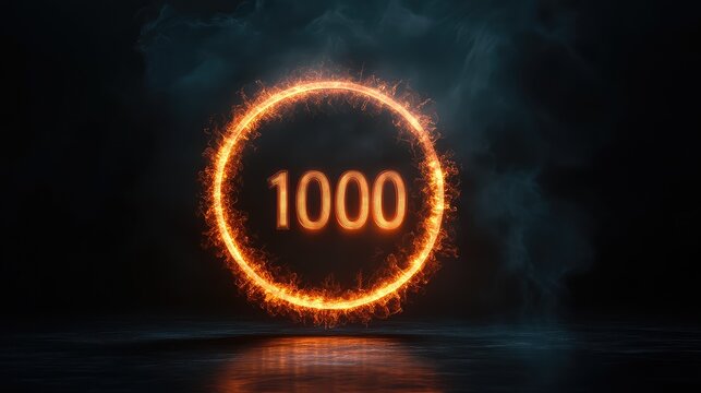  Striking Black Background with a Glowing Circle Displaying the Number 1,000, Perfect for Milestone Celebrations, Achievements, and Digital Art Projects