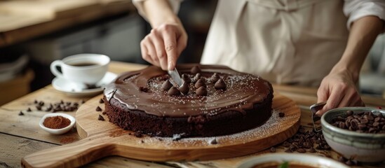 Fototapeta premium Woman Is Cutting Chocolate Cake With Coffee Next To It On Wooden Table
