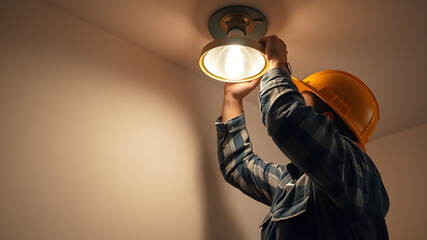 Electrician installing light bulb. Generative AI