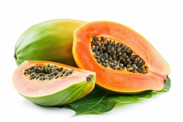 Papana fruit cut in half, revealing seeds and leaves