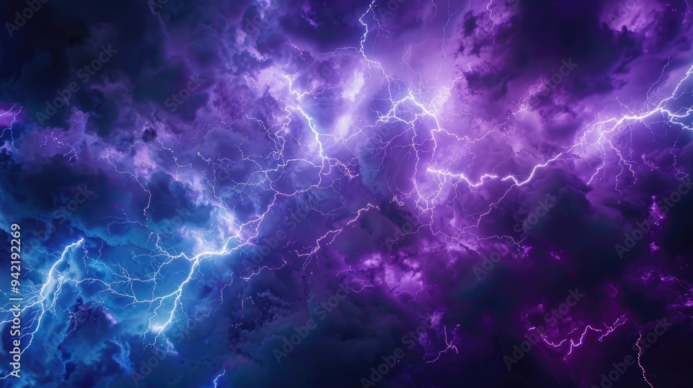 Wall mural a dramatic storm scene with purplish-blue clouds and flashes of lightning
