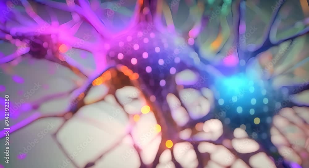 Poster colorful neuron network simulation with dynamic connections 4k animation