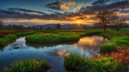 Spring landscape. Sunset over the river
