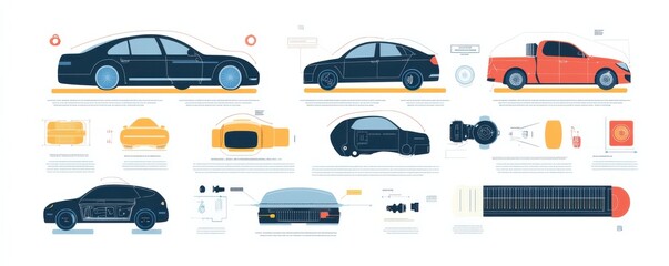 infographic illustrating different types of vehicles and their components, including cars and trucks, to showcase automotive technology and design elements.