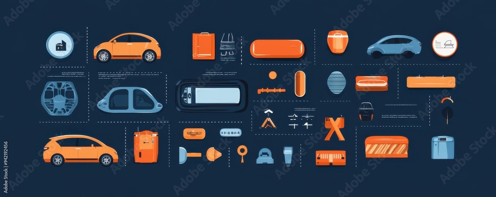 Poster infographic illustrating various components of a modern automobile with a detailed schematic design for technical understanding and educational purposes.