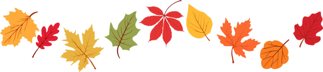 Fototapeta premium Autumn leaf border.Wave of falling leaves.Leaf fall.Autumn flying leaves.Watercolor leaves in the wind.Autumn leaves seamless border. 