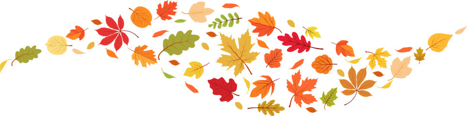 Autumn leaf border.Wave of falling leaves.Leaf fall.Autumn flying leaves.Watercolor leaves in the wind.Autumn leaves seamless border.	