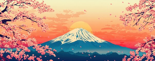Serene sunset landscape with pink cherry blossoms framing a majestic snow-capped mountain