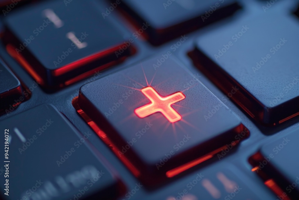 Poster a close-up of a computer keyboard with a bright red cross symbol lit up, great for medical or emerge