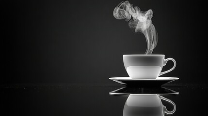  B&W photo of a steaming coffee cup w/smoke & matching saucer on the side