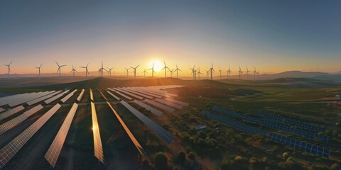 A breathtaking view of a renewable energy landscape at sunrise, featuring numerous wind turbines and solar panels working together to harness clean energy in a sustainable environment.