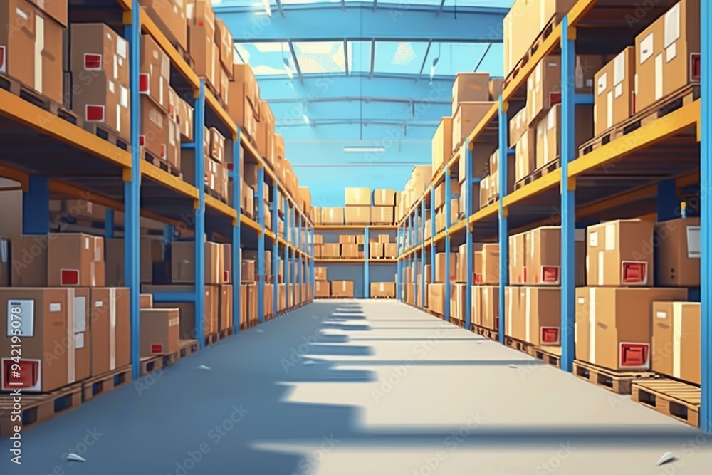 Poster A large warehouse filled with many boxes and storage containers