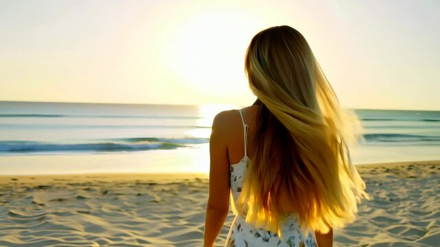 A young blonde woman with long hair walks along a secluded tropical beach at sunrise.